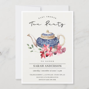 Cartão De Agradecimento Red Teapot Floral Chá de fraldas Tea Party