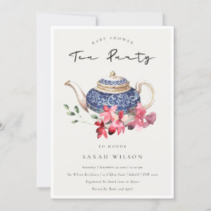 Cartão De Agradecimento Red Teapot Floral Chá de fraldas Tea Party