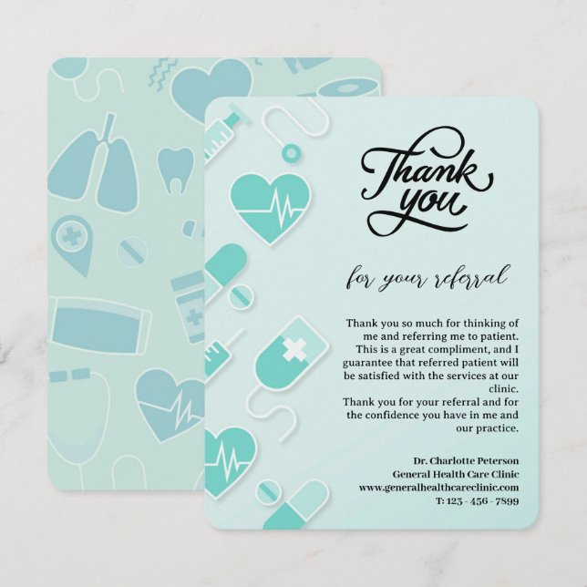 Cartão De Agradecimento Referência Personalizada do Doente Médico (Frente/Verso)