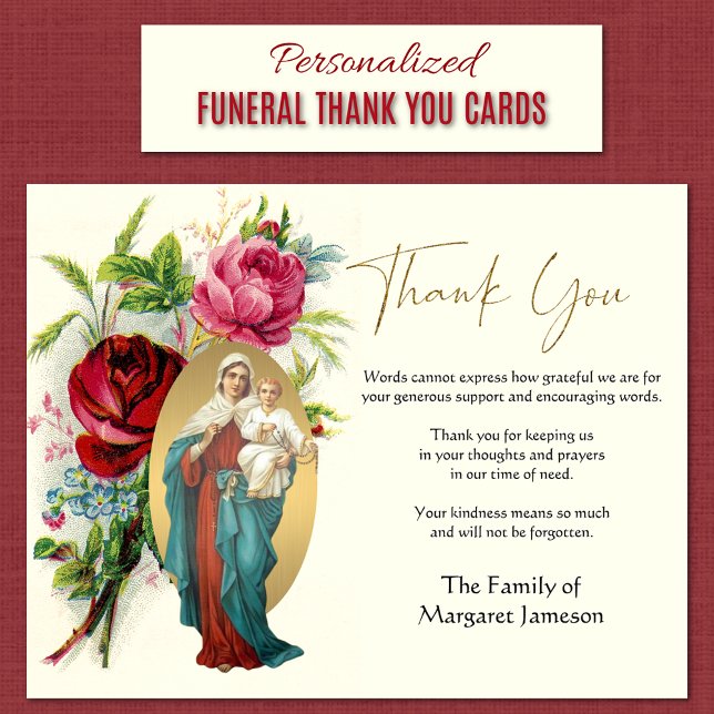Cartão De Agradecimento Religião Católica Mary Condolência Jesus Obrigado (Personalized Queen of the Rosary with Jesus Funeral Sympathy Thank You Cards)