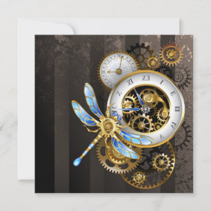 Cartão De Agradecimento Relógio Steampunk com Dragonfly Mecânica