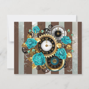 Cartão De Agradecimento Relógio Steampunk e Rosas Turquesa em Listras