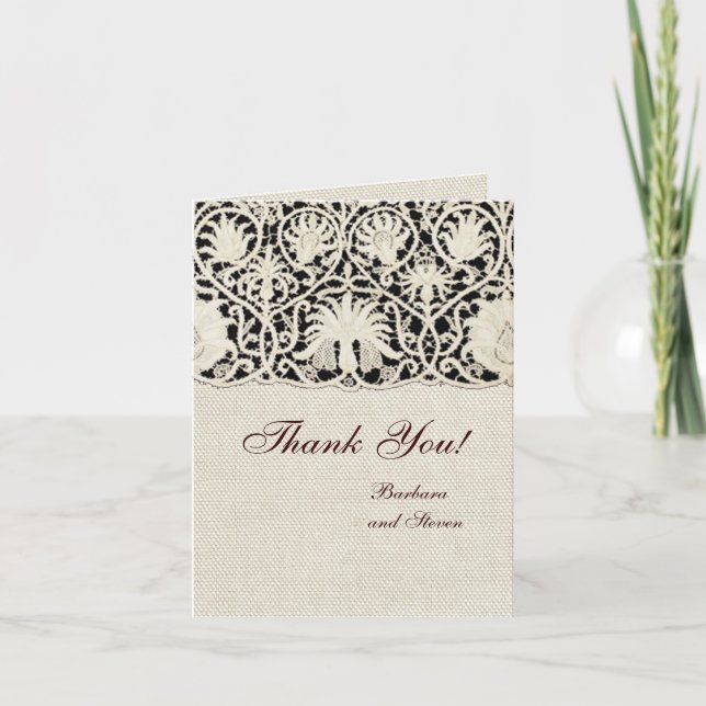 Cartão De Agradecimento Renda Antiga Linho Branco Clássico Bonito Casament (Frente)