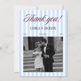 Cartão De Agradecimento Retro Blue and Burundy Wedding Photo
