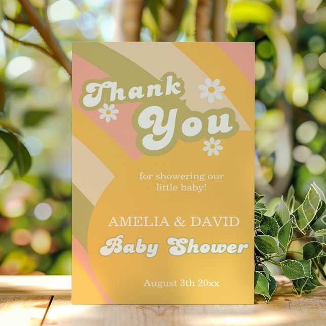 Cartão De Agradecimento Retro Groovy Daisy Baby Boy Chá (Criador carregado)