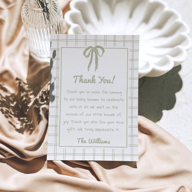Cartão De Agradecimento Retro Hand Drawn Green Gingham Bow Baby Shower (Criador carregado)