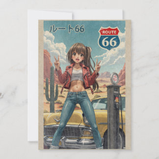 Cartão De Agradecimento Retro Japanese Anime Girl on Route 66 Vintage Post