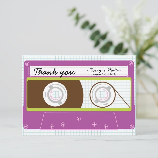 Cartão De Agradecimento Retro Mixtape Casamento Roxo e Limão (Em pé/Frente)
