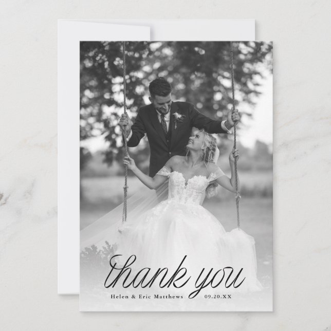 Cartão De Agradecimento Ribbon Black Script Minimalist Wedding Photo  (Frente)