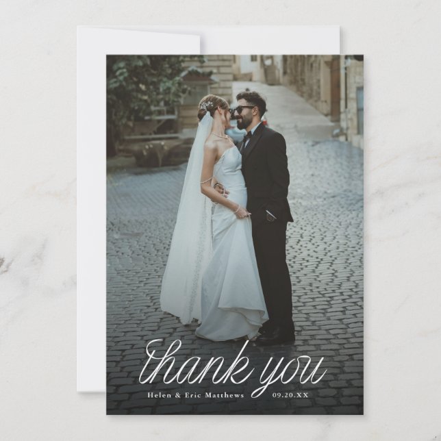 Cartão De Agradecimento Ribbon Script Minimalist Wedding Photo  (Frente)