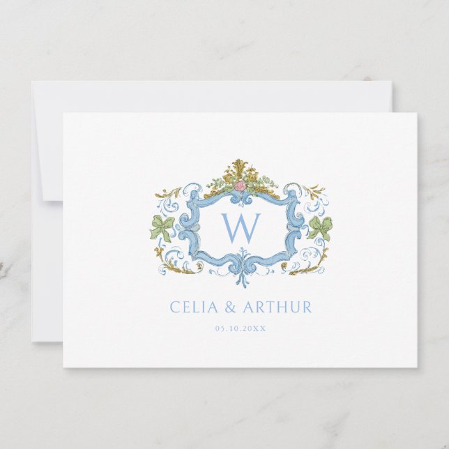 Cartão De Agradecimento Rococo Azul Brasão de Monograma Casamento  (Frente)