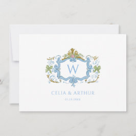 Cartão De Agradecimento Rococo Blue Monogram Crest Wedding 