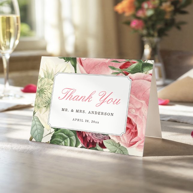 Cartão De Agradecimento Rococó Botânica Antiga Rosa Floral Elegante (Criador carregado)