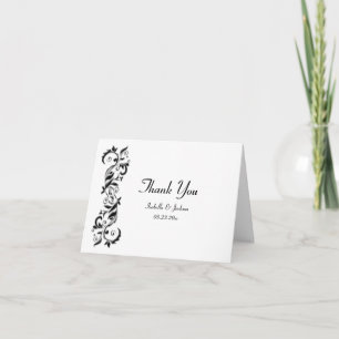 Cartão De Agradecimento Rolo Floral Preto e Branco Ornamental Casamento