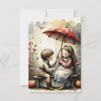 Cartão De Agradecimento Romance de Dia Chuvoso Pequenos Namorados Arte