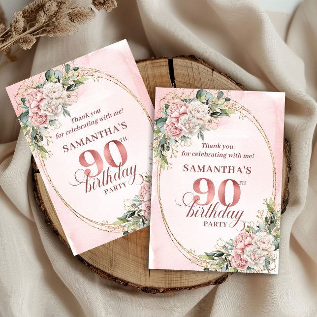 Cartão De Agradecimento Romantic Pale Pink Gold Greenery 90th Birthday  (Romantic Pale Pink Gold Greenery 90th Birthday Thank You)