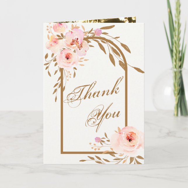 Cartão De Agradecimento Romantic Pink Blush Gold Floral Wedding Photo (Frente)