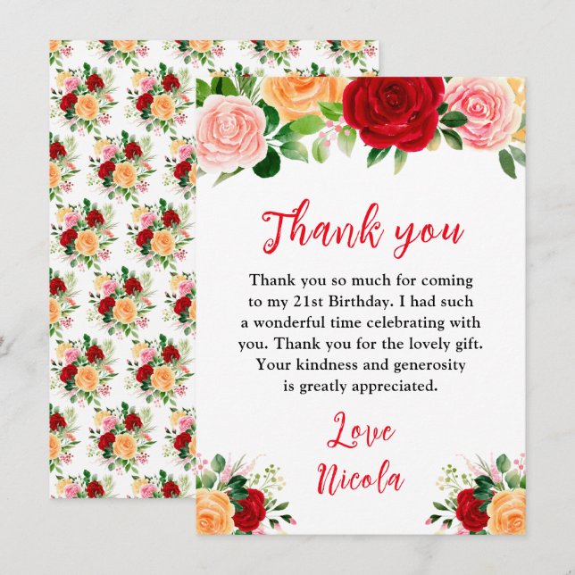 Cartão De Agradecimento Romantic Red and Orange Roses Birthday (Frente/Verso)