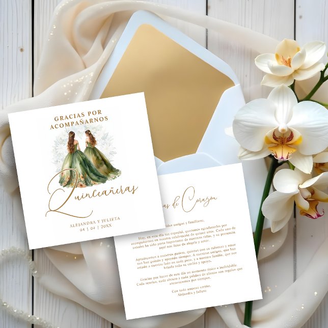 Cartão De Agradecimento Romantic Spanish Quinceañeras Twins Dolls Green (Romantic Spanish Quinceañeras Twins Dolls in Green and Brown Shades Thanks You Cards. )