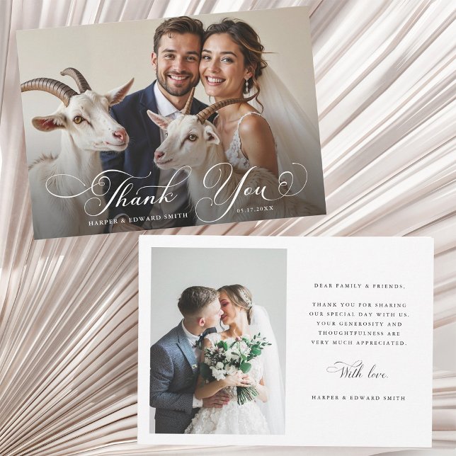 Cartão De Agradecimento Romantic Swirly Calligraphy Wedding 2 Photo (Front & Back)