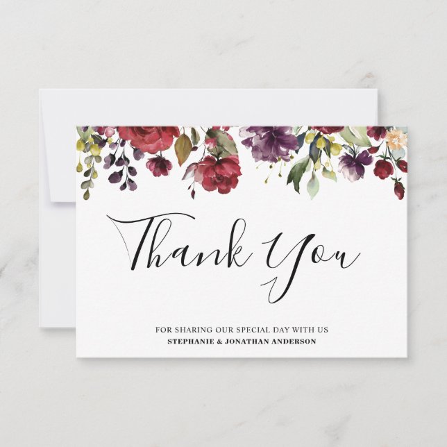 Cartão De Agradecimento Romântica Aquarela Borgonha Vermelha Rosa Floral (Frente)