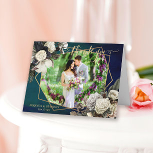 Cartão De Agradecimento Romântica Floral Dourada Wreath Foto de Casamento