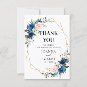 Cartão De Agradecimento Romântico Azul Naval Bege Rosa Floral Geométrico