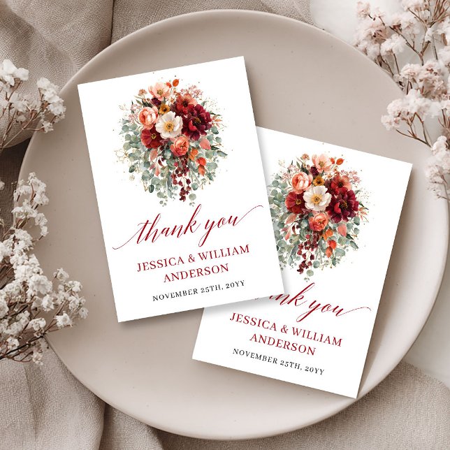 Cartão de Agradecimento Romântico Outono Marsala F (Romantic Fall Marsala Floral Thank You Card

)
