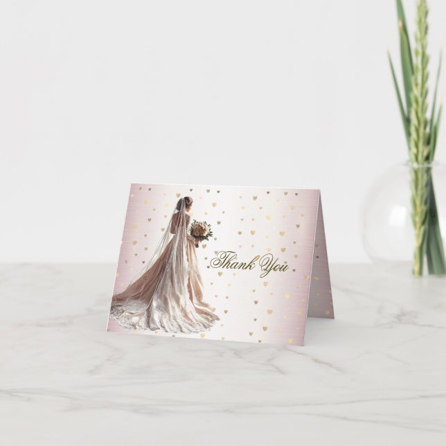 Cartão De Agradecimento Rosa Casamento no inverno Noiva Ouro Shiny Heart P (Frente)
