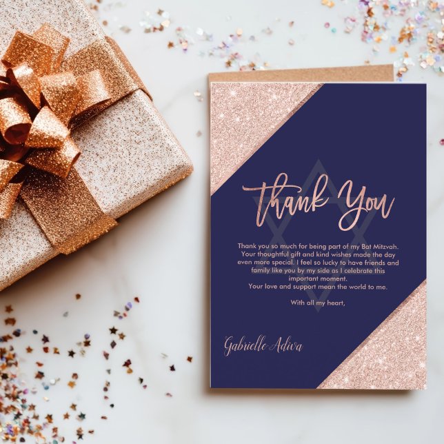 Cartão De Agradecimento Rosa Chic Dourado Marinho Azul Bat Mitzvah (Elegant Chic Rose Gold Navy Blue Bat Mitzvah Thank You Card)