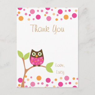 Cartão De Agradecimento Rosa Coruja-Quente do bebê cor-de-rosa pelo
