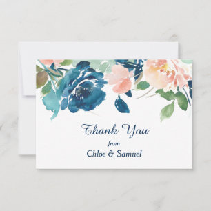 Cartão De Agradecimento Rosa de Pêssego Azul Indigo Casamento Obrigado