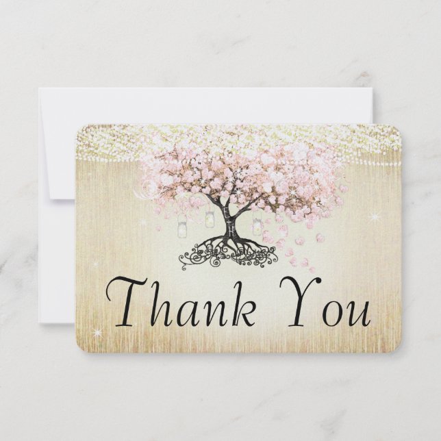 Cartão De Agradecimento Rosa Dourada Luzes De Fada Árvore De Folha Cardíac (Frente)