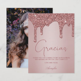 Cartão De Agradecimento Rosa Dourado Glitter Drives Quinceanera Foto Graci
