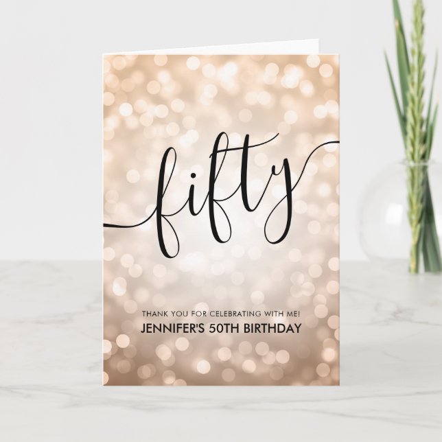 Cartão De Agradecimento Rosa Dourado Luzes Brilhantes 50º Aniversário Obri (Frente)