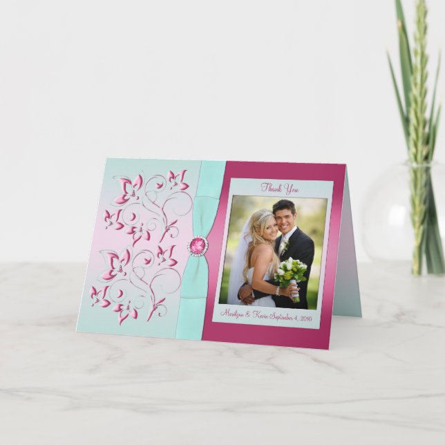 Cartão de agradecimento rosa e aqua com foto (Frente)