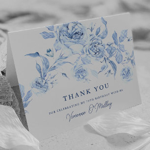 Cartão De Agradecimento Rosa Floral Azul Empoeirado Aniversário de 70 anos