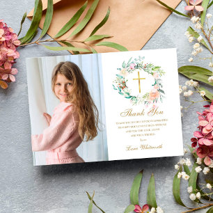 Cartão De Agradecimento Rosa Floral Garland - Primeira Foto da Santa Comun