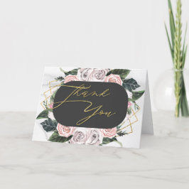 Cartão De Agradecimento Rosa Floral Rosa e Dourado em Aquarela