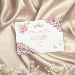 Cartão De Agradecimento Rosa Flores Borboletas Douradas Quinceañera