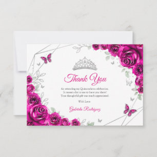 Cartão De Agradecimento Rosa Fúcsia Floral Quinceanera Prata
