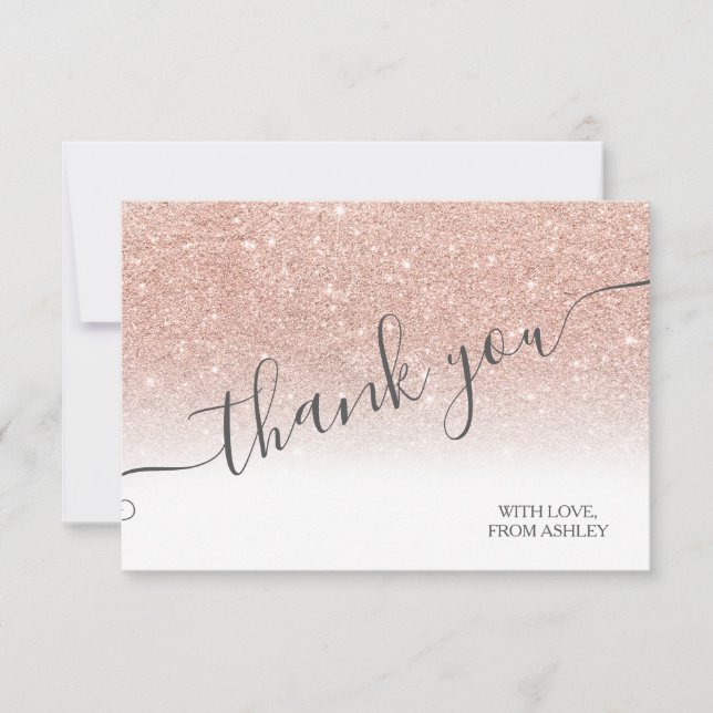Cartão De Agradecimento Rosa gold glitter white ombre script obrigado (Frente)
