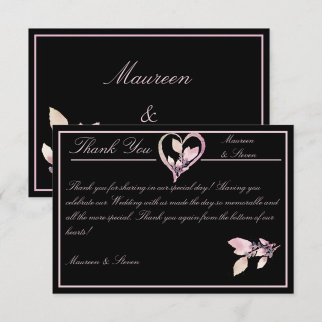 Cartão De Agradecimento Rosa Pastel Floral no Preto Elegante Casamento (Frente/Verso)