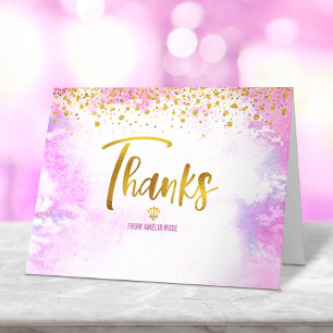 Cartão De Agradecimento Rosa Quinceañera Aquarela Dourado Brilho Elegante