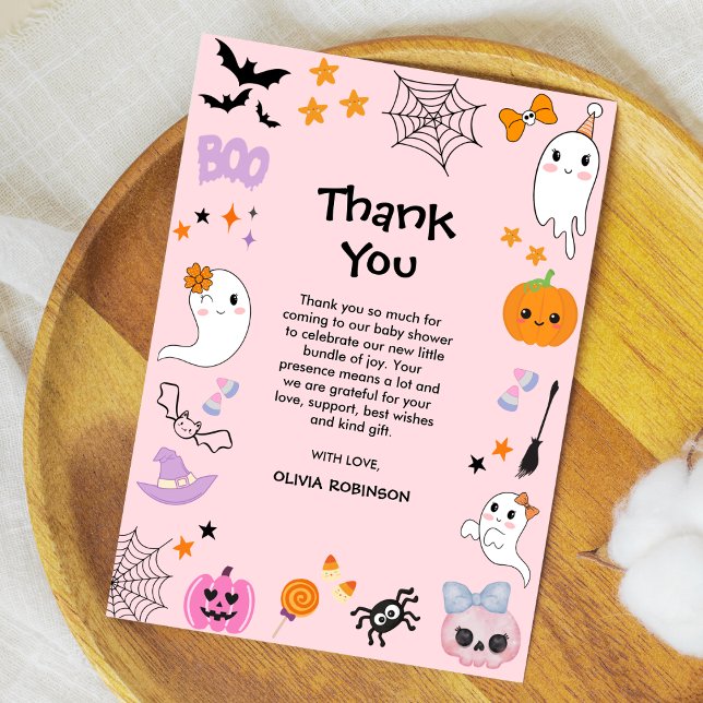 Cartão De Agradecimento Rosa, Um Pequeno Chá de fraldas Fantasma Cujo Fant (Pink A Little Boo Cute Ghost Halloween Baby Shower Thank You Card  )