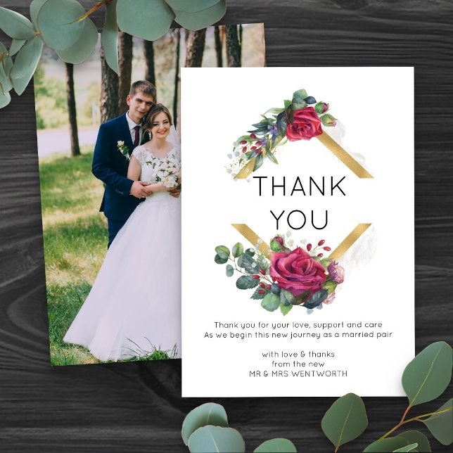 Cartão De Agradecimento Rosa vermelha Dourada Armamento Geométrico Obrigad (Wedding photo thank you cards with floral gold frame - Red Rose and Eucalyptus Wedding Collection)