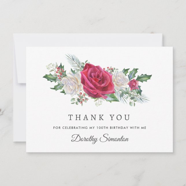 Cartão De Agradecimento Rosa vermelha Holly Winter 100th Birthday Flat (Frente)