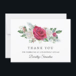 Cartão De Agradecimento Rosa vermelha Holly Winter 50th Birthday Flat<br><div class="desc">Um belo e elegante cartões de agradecimentos projetado especialmente para uma festa de aniversário. Apresenta um grande spray floral de rosas vermelhos e brancos aninhados em sagrado,  eucalipto e bagas. Este item faz parte da Coleção de Rosa e Holly.</div>