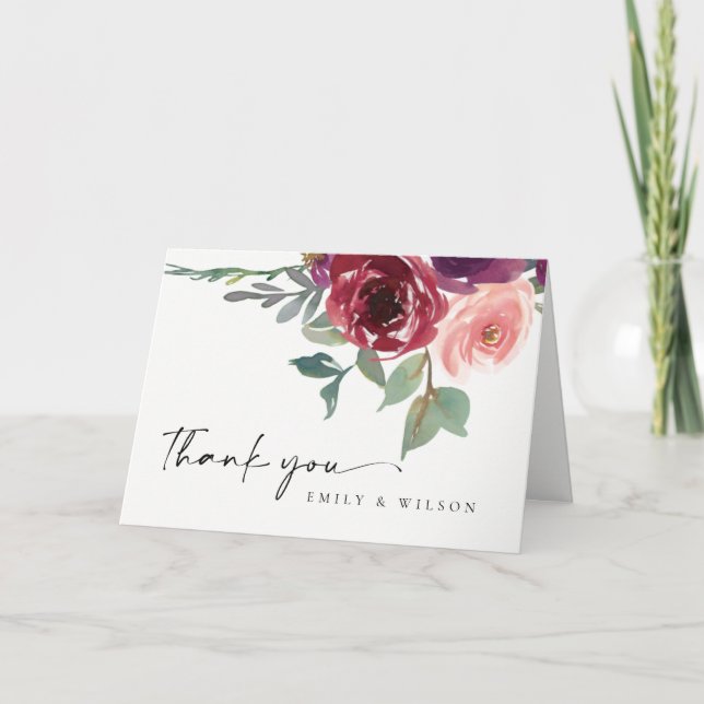 Cartão De Agradecimento ROSA VERMELHO MARSALA FLORAL Aquarela CASAMENTO (Frente)