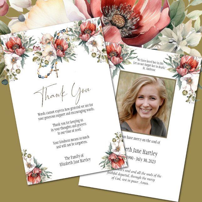 Cartão De Agradecimento Rosário Floral Foto Condolências Funeral Simpatia (Easy to Personalize Catholic Funeral Thank You Cards)
